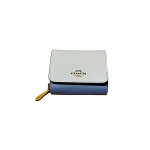 COACH Two-Tone Leather Compact Wallet in White, Blue and Yellow